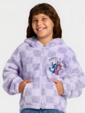 Disney Kids Purple Lavender Fleece Hoodie Stitch And Angel Zip Up Star Zip NEW